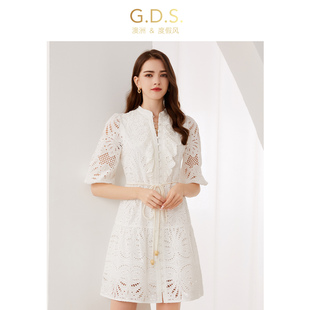 gds澳洲品牌度假风，纯棉白色高级感超好看连衣裙2024镂空绣花裙夏