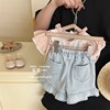 韩版女童夏装洋气时髦套装儿童粉色蕾丝J花边衬衫牛仔短裤两件套