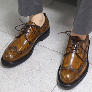 复古布洛克雕花皮鞋潮流，韩版擦色做旧真皮巴洛克商务休闲正装鞋