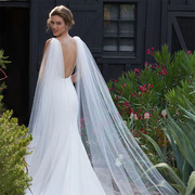 欧美新娘婚礼两侧拖地披肩，长款白色简洁风格头纱2023纯色