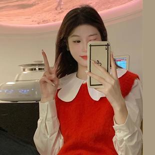 春秋韩系复古洋气减龄设计感甜美花瓣领衬衫，+红色针织马甲两件套