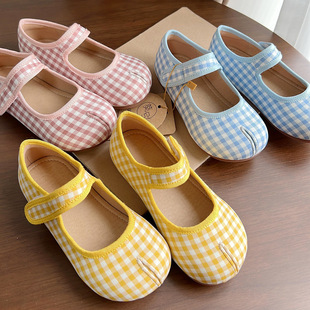 韩国童鞋2024女童春季韩版田园风格子假分，公主单鞋儿童帆布鞋
