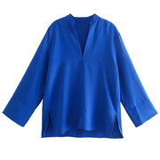秋季宽松蓝色女衬衫大码V领纯色时尚气质欧美大版型休闲衬衣
