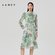 lancy朗姿夏季法式真丝，印花长袖衬衫连衣裙，女气质中长款裙子
