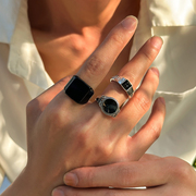 男士3件套黑色宝石戒指套装，欧美复古潮人个性小众设计指环组合