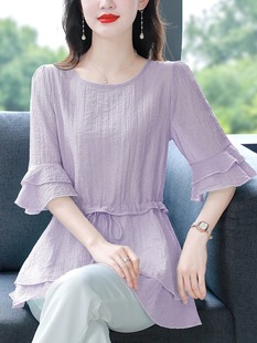 紫色喇叭袖雪纺衫女夏季2024气质收腰裙摆小衫中长款遮肚上衣