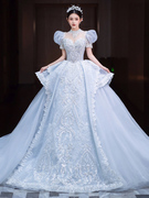 法式蓝色婚纱新娘2023轻奢小众，高端在逃公主气质名媛拖尾主纱