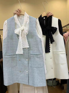 韩国东大门2024春季时尚法式气质系带长袖衬衫+背带裙两件套