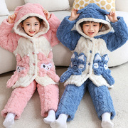 儿童冬季睡衣三层夹棉加厚男童女童中大童，珊瑚绒法兰绒家居服套装