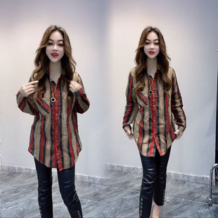 欧洲站网红韩版时尚衬衫设计感条纹宽松中长款百搭显瘦上衣小衫女