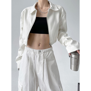 白色短款pu皮衣外套，女夹克2024春装港风设计感美式复古