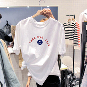 宽松字母蓝色图案卡通短袖，t恤女2023夏韩版印花白色大尺码上