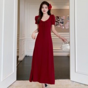 大码女装法式高级感红色连衣裙胖mm收腰显瘦短袖绑带长裙夏装
