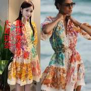 2024彩色印花立领裙子女，澳洲小众设计感碎花度假风连衣裙外贸