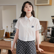 日系短袖衬衫少女夏装，2024初中高中学生小清新刺绣短款衬衣服