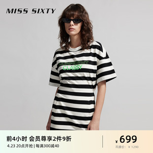 misssixty2024夏季连衣裙女黑白，撞色条纹百搭镂空性感休闲风