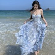茶歇法式蓝色吊带连衣裙女夏季海边度假沙滩长裙日落仙女裙子