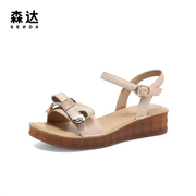 森达气质凉鞋女夏新商场同款纯色女士鞋蝴蝶结坡跟SNQ02BL3