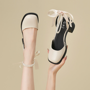 卓诗尼一字带高跟凉鞋女白色2024夏法式(夏法式)方头玛丽珍鞋粗跟包头单鞋
