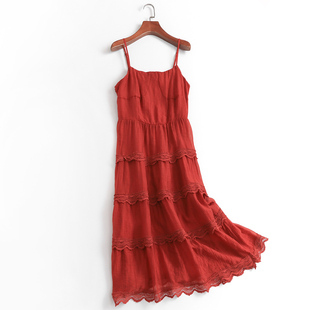 x228茶歇法式v领红色，吊带连衣裙女夏海边度假沙滩裙气质蓬蓬长裙