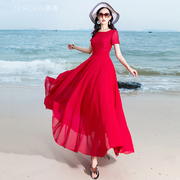 波西米亚大摆连衣裙女夏雪纺长款海边度假长裙红色沙滩裙脚踝