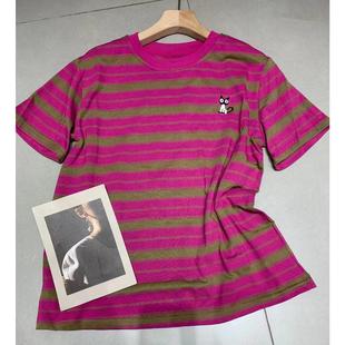 玫红条纹短袖T恤女夏季猫咪刺绣圆领韩版时尚宽松百搭显瘦上衣潮
