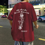 酒红色纯棉短袖t恤男夏季玫瑰印花情侣，美式高街潮牌宽松半袖体恤