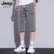 jeep吉普牛仔短裤男士夏季薄款宽松直筒中裤，外穿休闲运动七分裤男