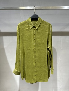 时髦绿长袖中长款衬衫 桑蚕丝麻翻领单排扣 纯色简约女装宽松上衣