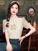 新中式刺绣钉珠短袖雪纺衫女装夏季2024国风上衣气质洋气小衫