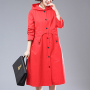 红色风衣女中长款2020春装流行韩版时尚宽松连帽初秋薄款外套