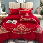 简约新中式100支全棉贡缎婚庆刺绣四件套大红色新婚被套床上用品