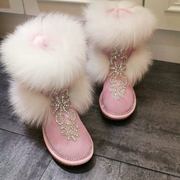 秋冬季手工女鞋带钻黑粉色加厚超大狐狸毛雪地靴子女中筒大码棉鞋