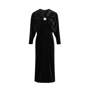 xenseyou原创设计黑色v领长袖落肩蝙蝠袖丝绒，连衣裙花朵钻中长裙