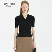 拉维妮娅秋季女士针织衫上衣，v领短袖薄款套头显瘦短款