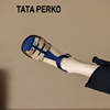 TATA PERKO联名蓝色猪笼鞋女真皮高跟凉鞋夏季镂空包头包跟半单鞋