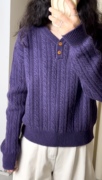 紫色V领麻花毛衣纯羊毛 编织螺纹显瘦细羊毛针织衫 慵懒软糯
