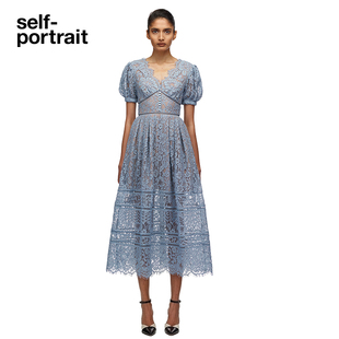 self-portrait蓝色蕾丝，裙收腰显瘦气质礼服长裙连衣裙