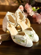 中国风一字扣凉鞋复古法式玛丽珍鞋，夏季粗跟珍珠盘扣绣花旗袍鞋子