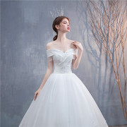 婚纱2023一字肩白色优美网纱袖齐地婚纱蕾丝束腰修身婚纱