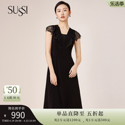 sussi古色夏季黑色复古x型，蕾丝拼接v领短袖荷叶袖连衣裙女