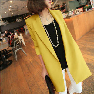 柠檬黄色西装外套女中长款2024冬季韩版宽松休闲高级感小西服