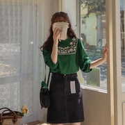 秋季女装韩国leelin甜美田园风花纹配色中袖舒适减龄T恤