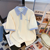 csvq蓝色字母刺绣polo领短袖t恤男女学院风减龄撞色宽松简约上衣