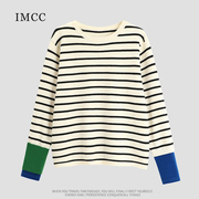 imcc设计感小众撞色拼袖黑白条纹针织衫毛衣女(毛，衣女)简约宽松长袖上衣