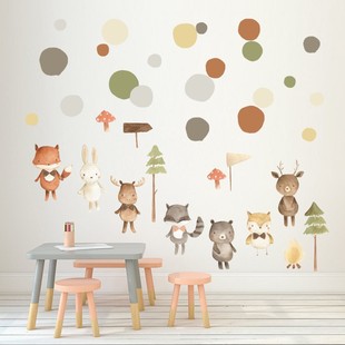 ins风北欧动物卡通墙贴儿童房幼儿园松树狐狸圆点PVC贴纸装饰