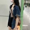 韩系设计感小众牛仔衬衫外套女2024夏天学生短袖外搭Polo领上衣潮