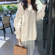 香港白色套头毛衣女宽松外穿慵风麻花D2023秋季加厚毛线针织
