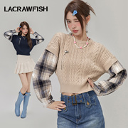 LA CRAWFISH时髦知识分子 学院风格子拼接假两件针织毛衣女短款