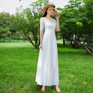 白色雪纺连衣裙超仙2024法式显瘦裙子长款蕾丝大摆长裙女夏